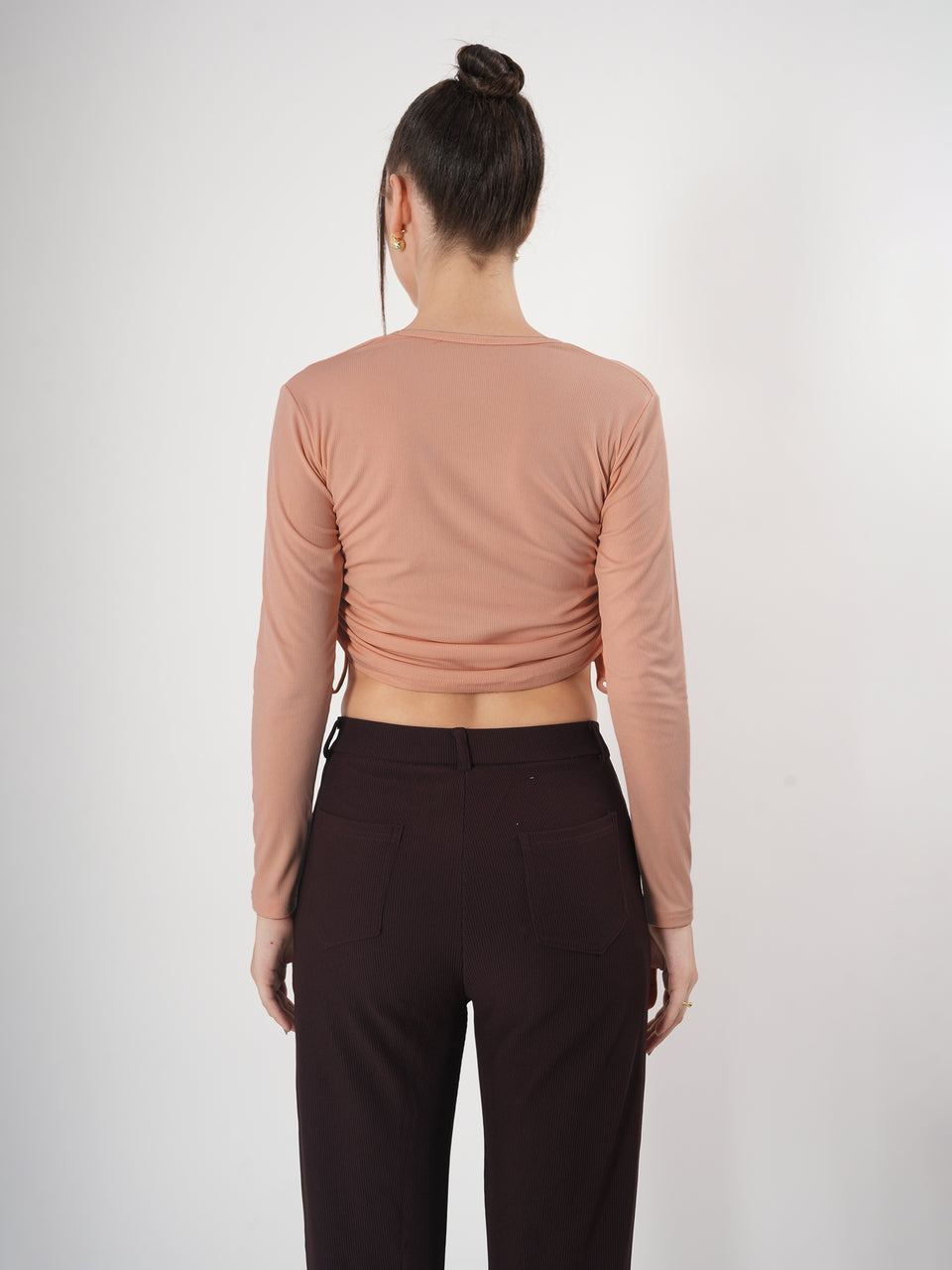 Solid Square Neck Full Sleeve Fitted Crop Top With Adjustable Strings