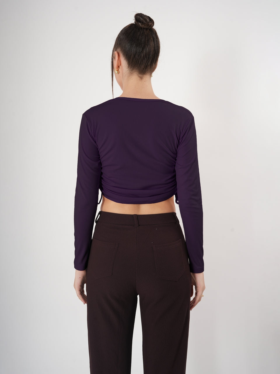 Solid Square Neck Full Sleeve Fitted Crop Top With Adjustable Strings