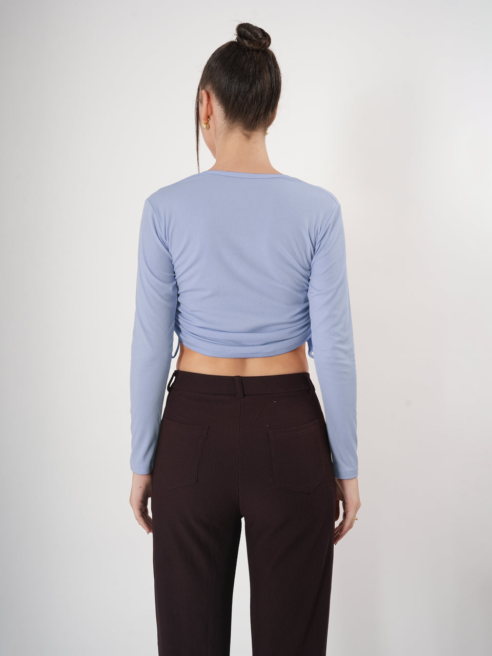 Solid Square Neck Full Sleeve Fitted Crop Top With Adjustable Strings