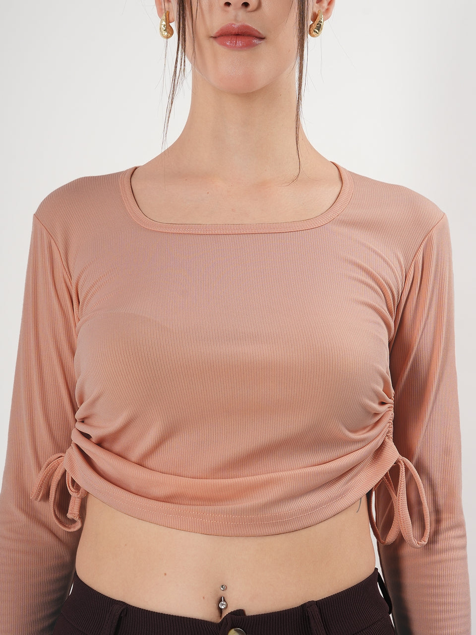 Solid Square Neck Full Sleeve Fitted Crop Top With Adjustable Strings