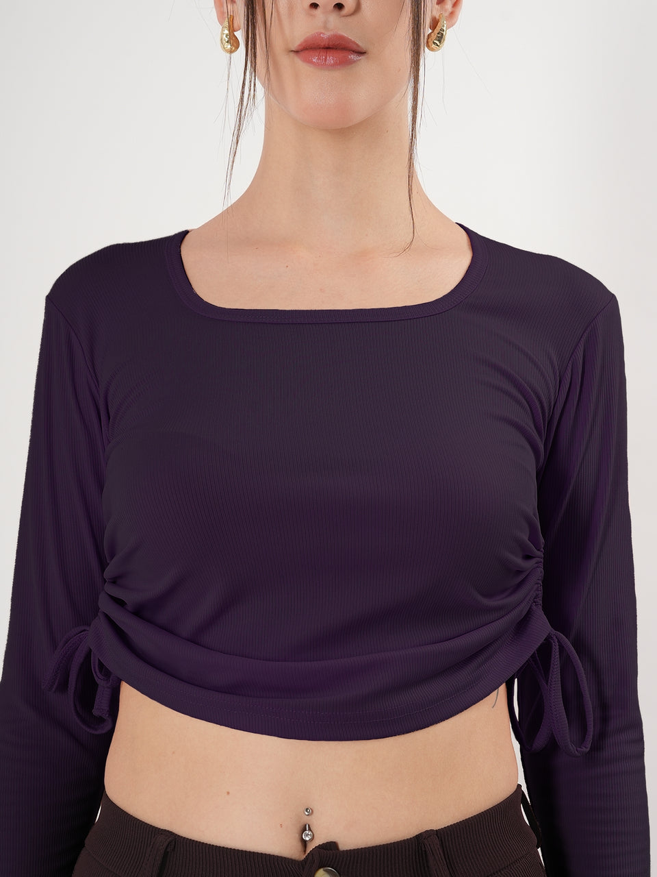 Solid Square Neck Full Sleeve Fitted Crop Top With Adjustable Strings