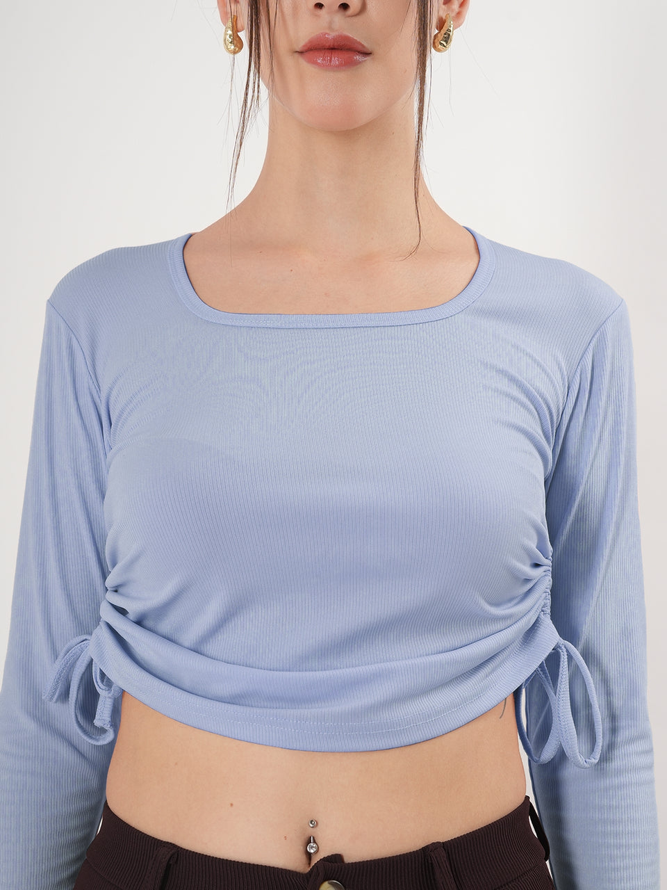 Solid Square Neck Full Sleeve Fitted Crop Top With Adjustable Strings