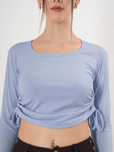 Solid Square Neck Full Sleeve Fitted Crop Top With Adjustable Strings