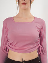 Solid Square Neck Full Sleeve Fitted Crop Top With Adjustable Strings