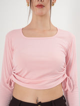 Solid Square Neck Full Sleeve Fitted Crop Top With Adjustable Strings