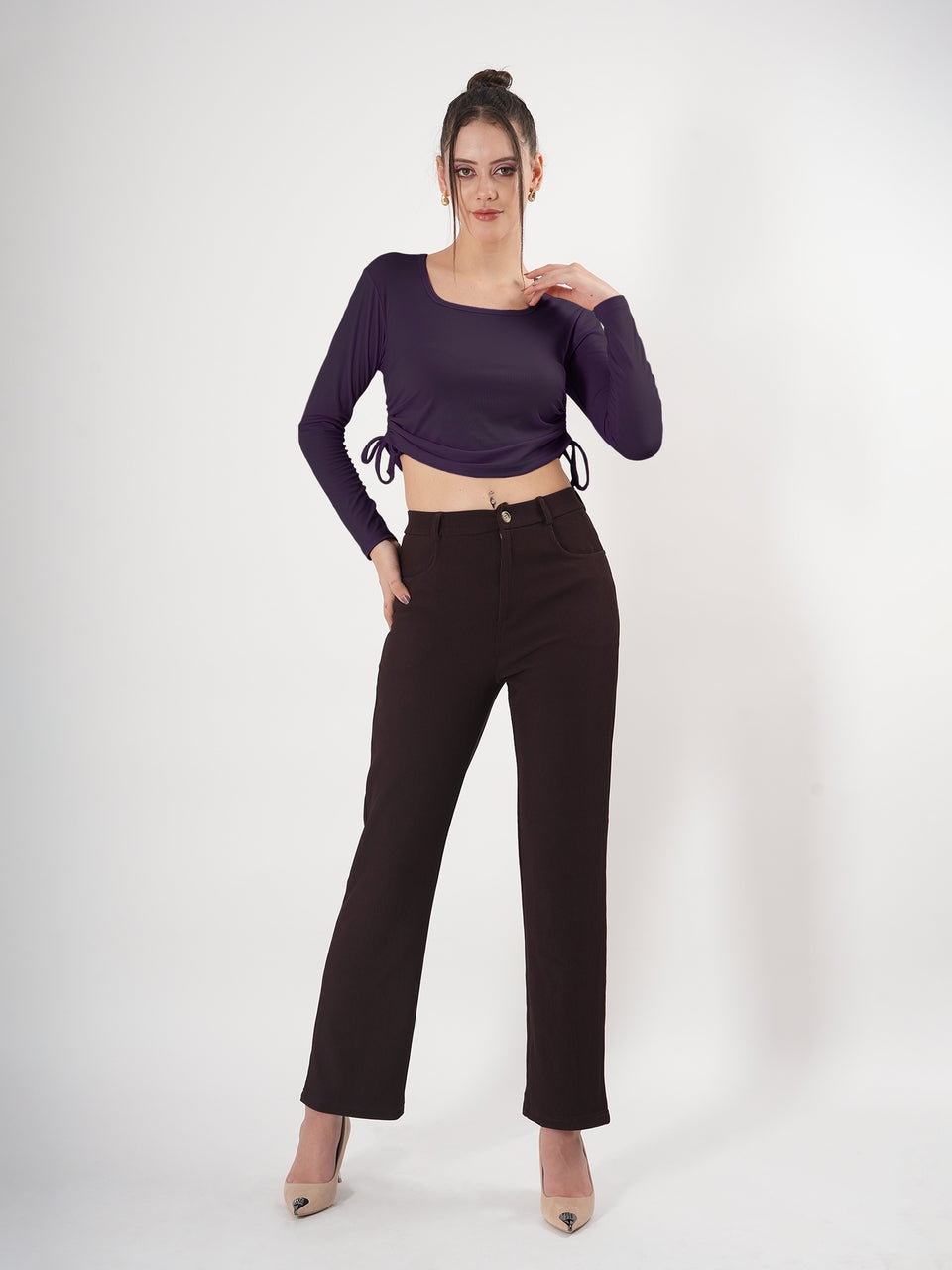 Solid Square Neck Full Sleeve Fitted Crop Top With Adjustable Strings