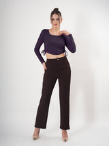 Solid Square Neck Full Sleeve Fitted Crop Top With Adjustable Strings