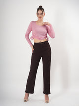 Solid Square Neck Full Sleeve Fitted Crop Top With Adjustable Strings