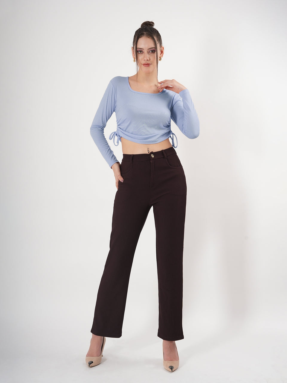 Solid Square Neck Full Sleeve Fitted Crop Top With Adjustable Strings