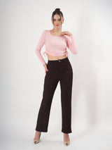 Solid Square Neck Full Sleeve Fitted Crop Top With Adjustable Strings