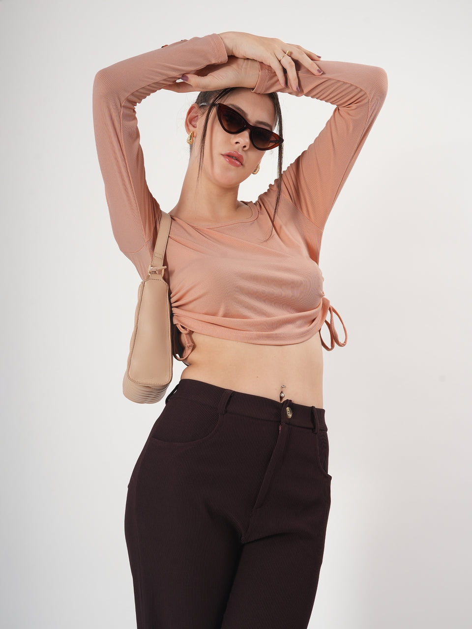 Solid Square Neck Full Sleeve Fitted Crop Top With Adjustable Strings