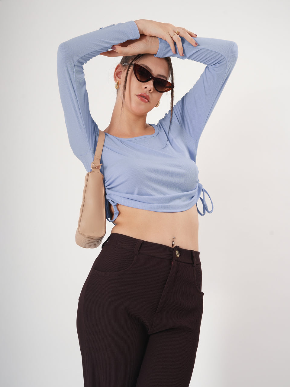 Solid Square Neck Full Sleeve Fitted Crop Top With Adjustable Strings