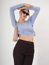 Solid Square Neck Full Sleeve Fitted Crop Top With Adjustable Strings