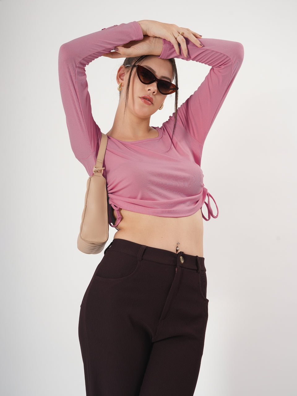 Solid Square Neck Full Sleeve Fitted Crop Top With Adjustable Strings