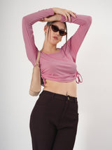 Solid Square Neck Full Sleeve Fitted Crop Top With Adjustable Strings