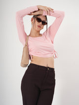 Solid Square Neck Full Sleeve Fitted Crop Top With Adjustable Strings
