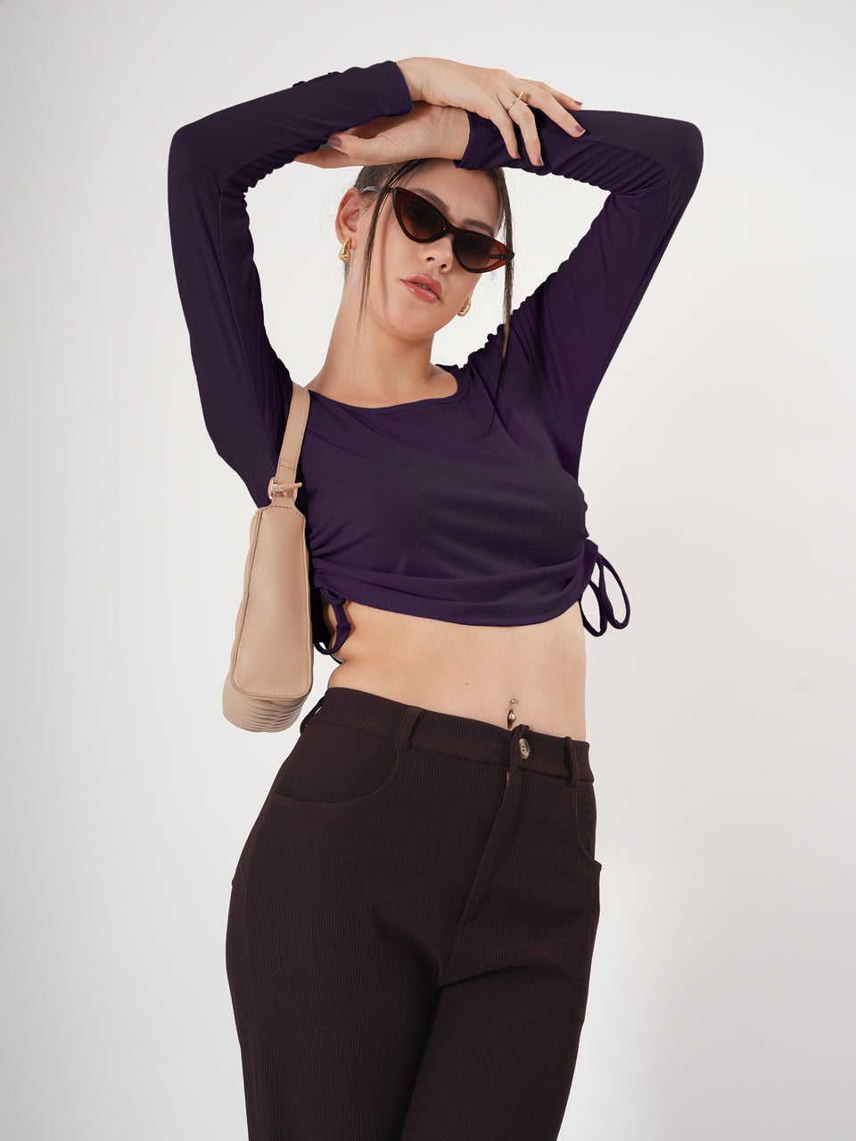 Solid Square Neck Full Sleeve Fitted Crop Top With Adjustable Strings