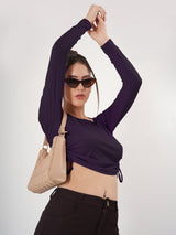Solid Square Neck Full Sleeve Fitted Crop Top With Adjustable Strings