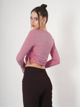 Solid Square Neck Full Sleeve Fitted Crop Top With Adjustable Strings