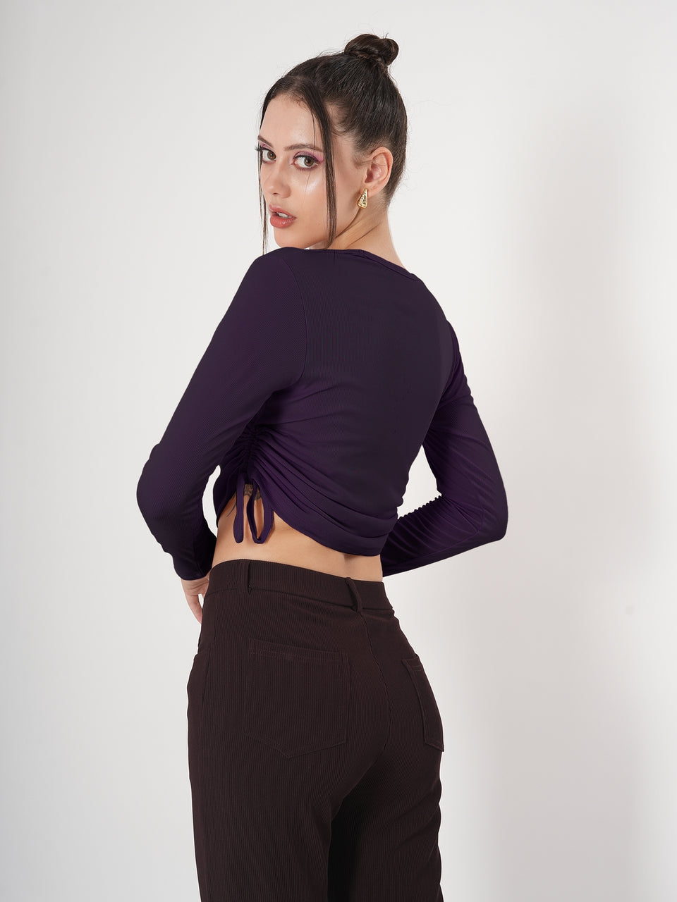Solid Square Neck Full Sleeve Fitted Crop Top With Adjustable Strings