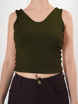 Solid V Neck Sleeveless Fitted Crop Top For Women