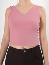Solid V Neck Sleeveless Fitted Crop Top For Women
