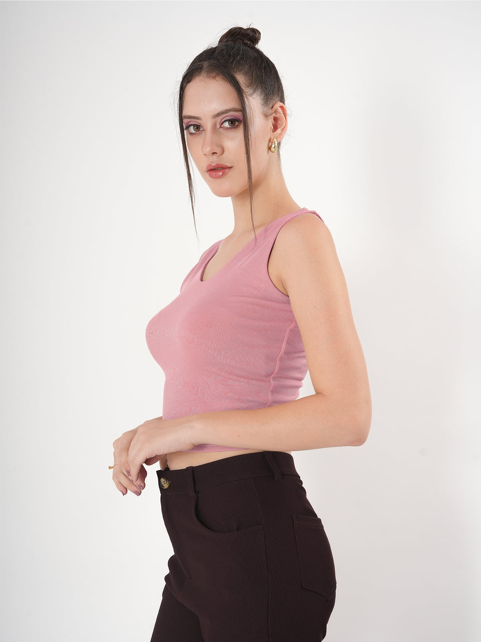 Solid V Neck Sleeveless Fitted Crop Top For Women
