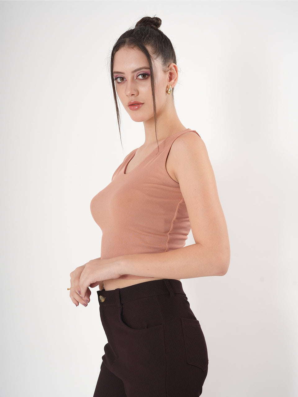 Solid V Neck Sleeveless Fitted Crop Top For Women