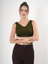 Solid V Neck Sleeveless Fitted Crop Top For Women
