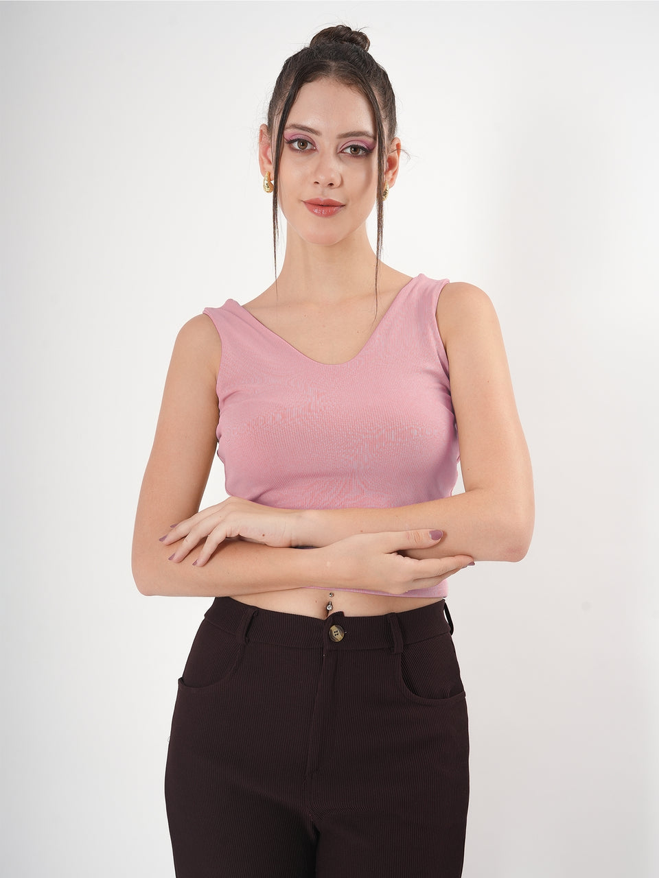 Solid V Neck Sleeveless Fitted Crop Top For Women