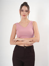 Solid V Neck Sleeveless Fitted Crop Top For Women