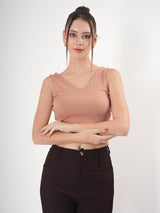Solid V Neck Sleeveless Fitted Crop Top For Women