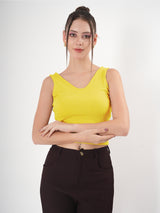 Solid V Neck Sleeveless Fitted Crop Top For Women