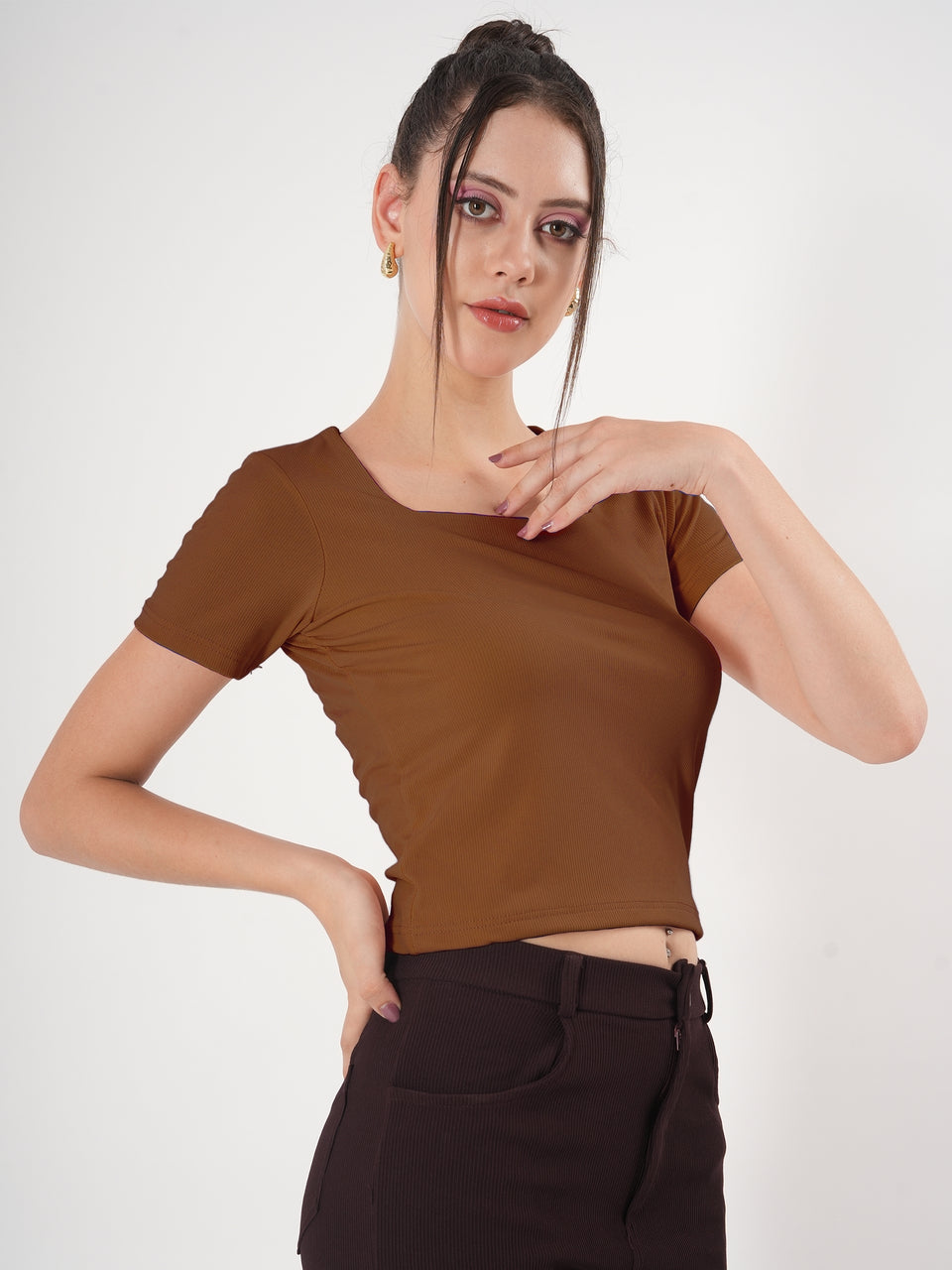 Solid Square Neck Half Sleeve Fitted Top