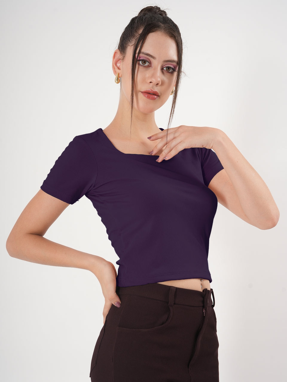 Solid Square Neck Half Sleeve Fitted Top