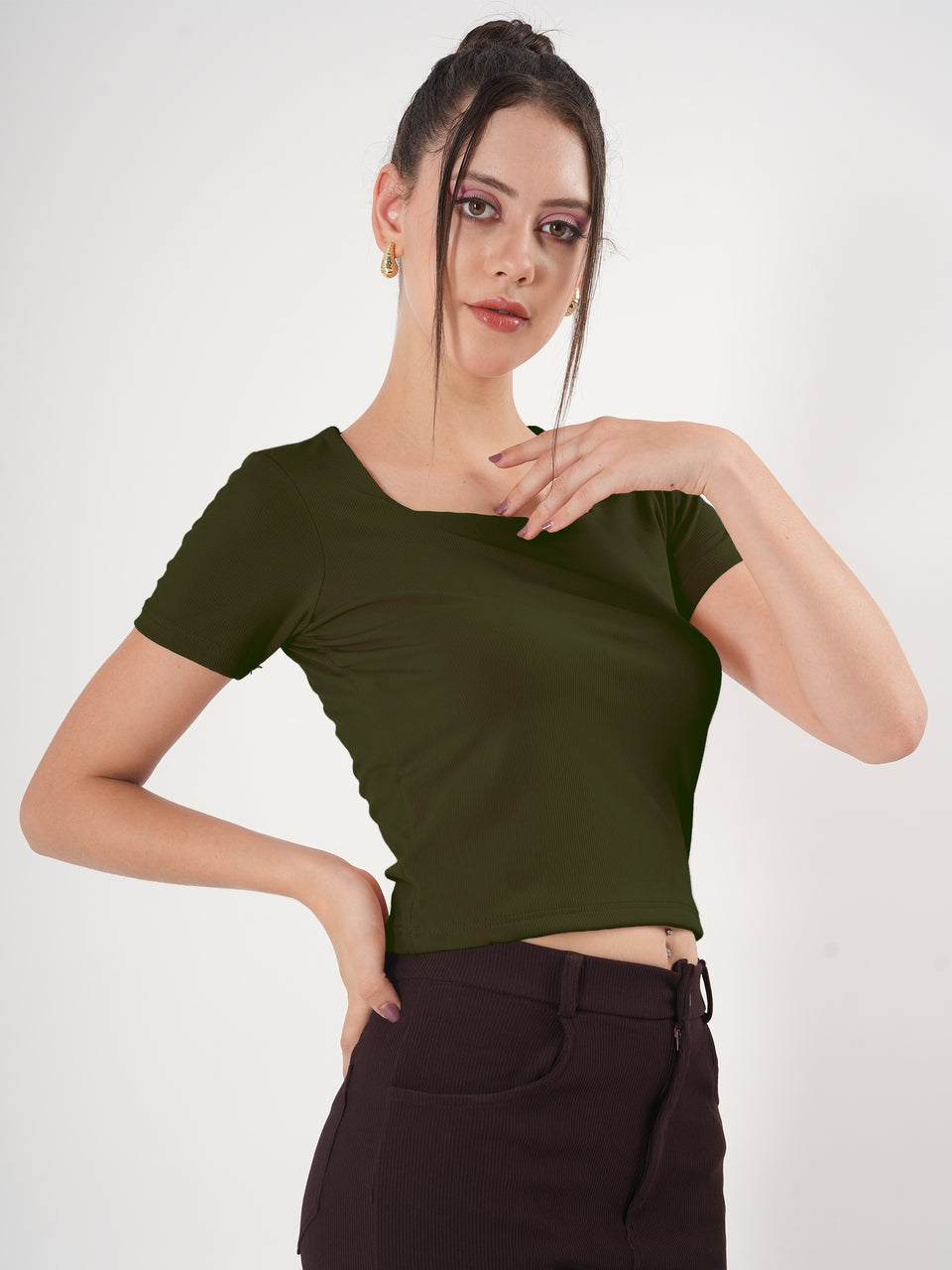 Solid Square Neck Half Sleeve Fitted Top