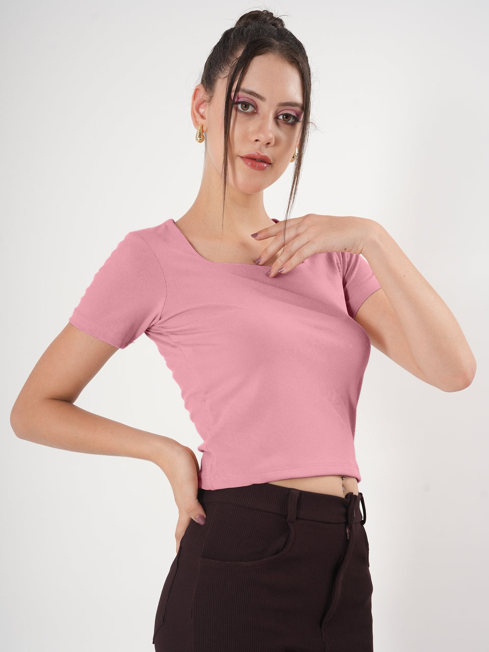 Solid Square Neck Half Sleeve Fitted Top