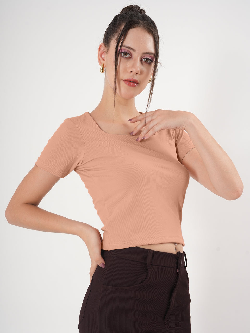 Solid Square Neck Half Sleeve Fitted Top