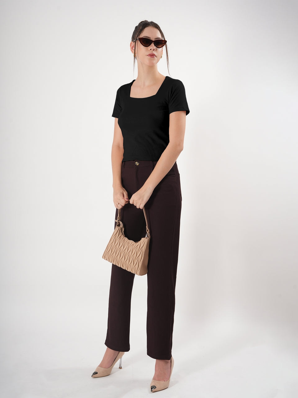 Solid Square Neck Half Sleeve Fitted Top