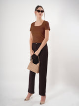 Solid Square Neck Half Sleeve Fitted Top