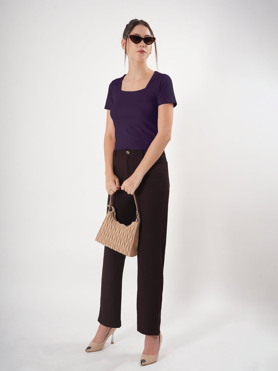 Solid Square Neck Half Sleeve Fitted Top