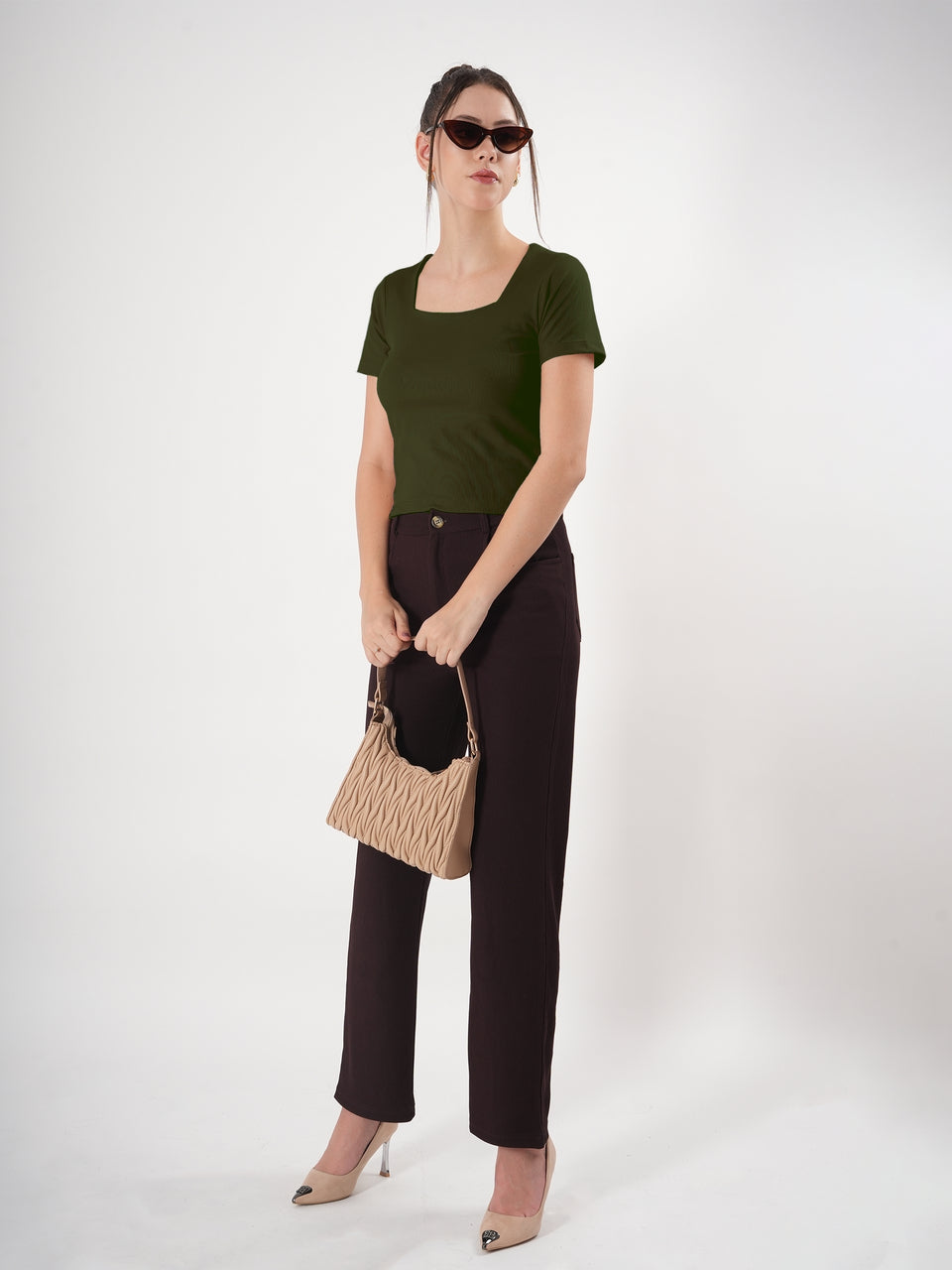 Solid Square Neck Half Sleeve Fitted Top