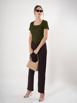 Solid Square Neck Half Sleeve Fitted Top