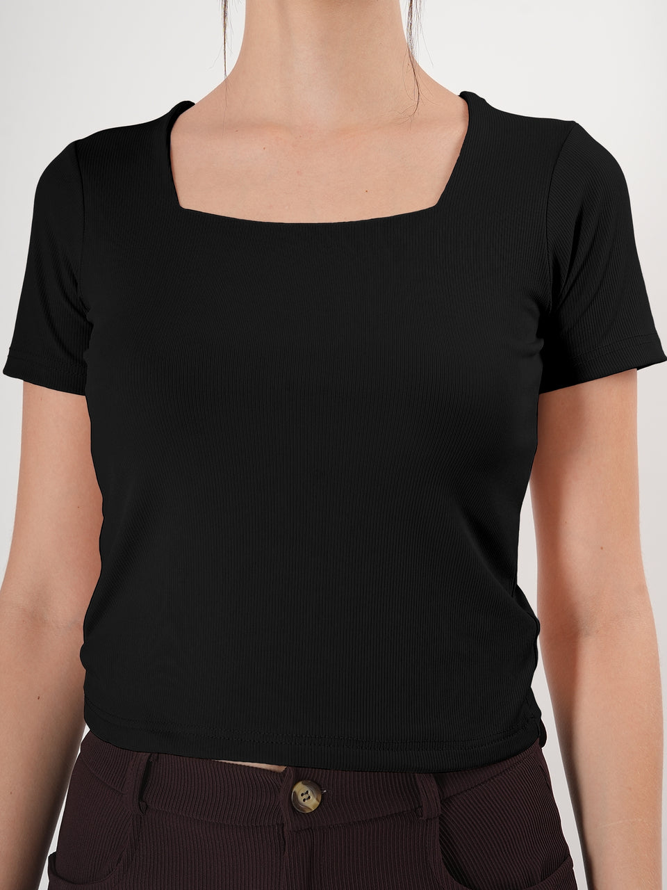 Solid Square Neck Half Sleeve Fitted Top