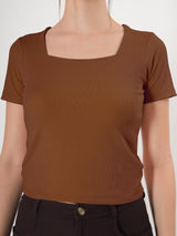 Solid Square Neck Half Sleeve Fitted Top