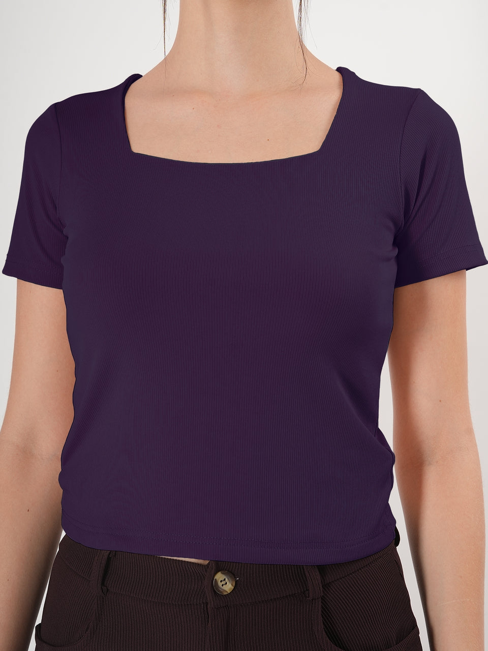 Solid Square Neck Half Sleeve Fitted Top