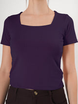 Solid Square Neck Half Sleeve Fitted Top