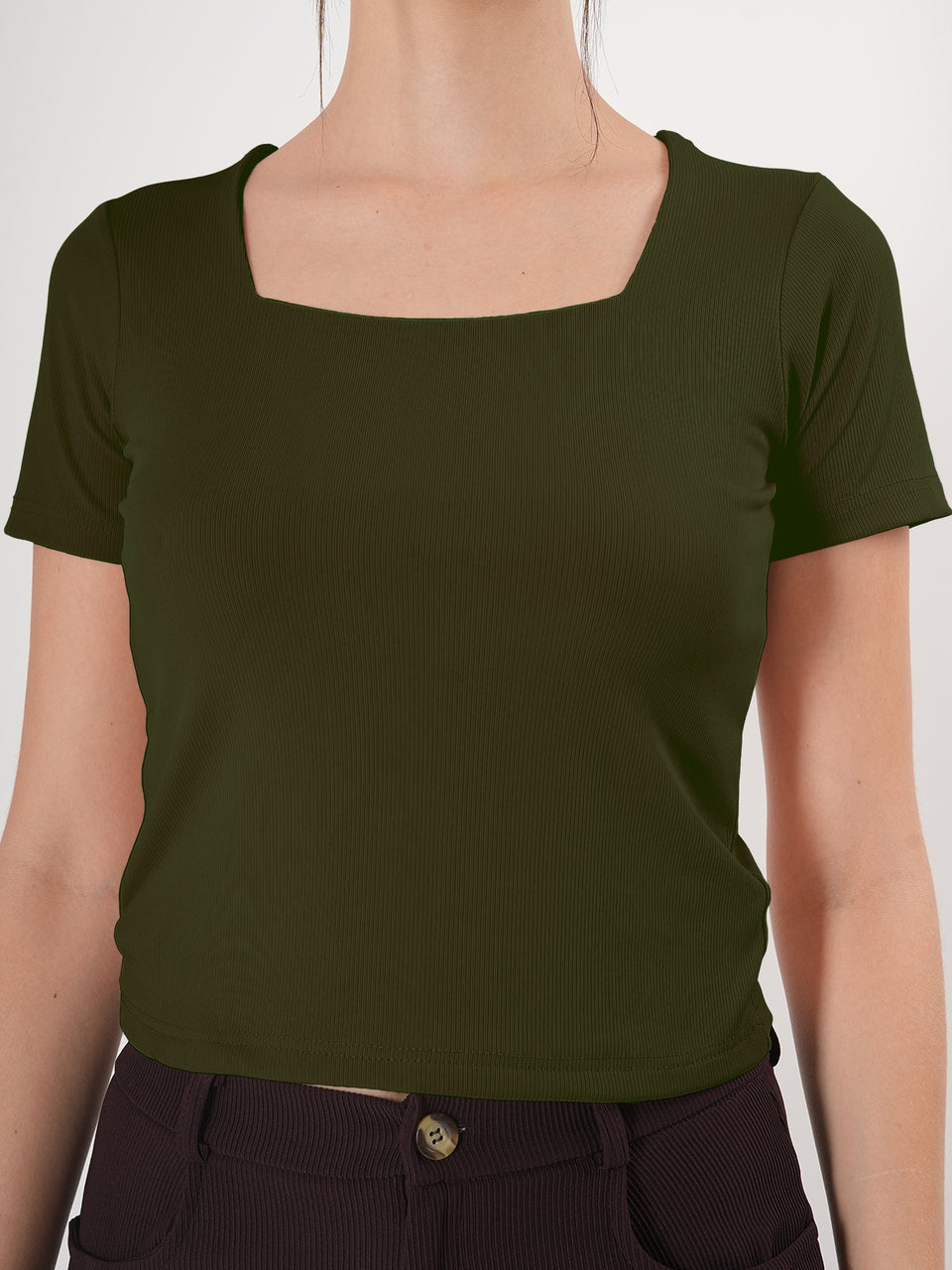 Solid Square Neck Half Sleeve Fitted Top