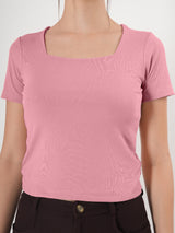 Solid Square Neck Half Sleeve Fitted Top