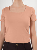 Solid Square Neck Half Sleeve Fitted Top